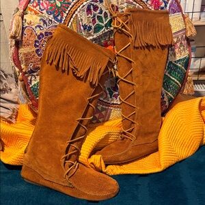 Minnetonka Brown Suede Fringed Knee-High Boots Size 10